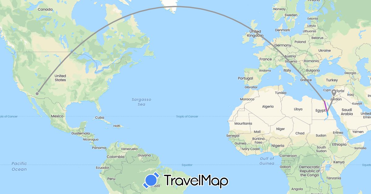 TravelMap itinerary: driving, plane, train, boat in Egypt, Croatia, Jordan, United States (Africa, Asia, Europe, North America)
